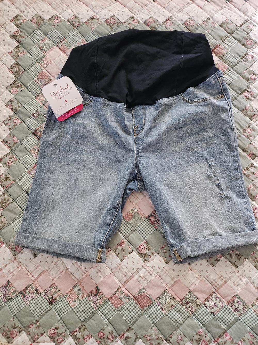 Isabel Maternity Bermuda Shorts- Crossover Panel- Distressed Denim - Size 10
